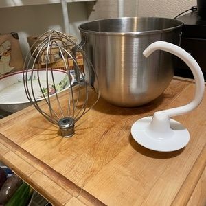 Kitchen Aid mixer attachments.  Includes Bowl, wire whip and dough hook.